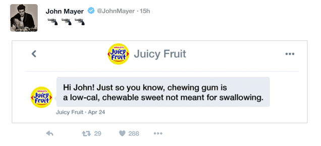 Illustration for article titled Uh Oh: Did John Mayer Forget What Chewing Gum Was Partway Through His Twitter Rant Against It?